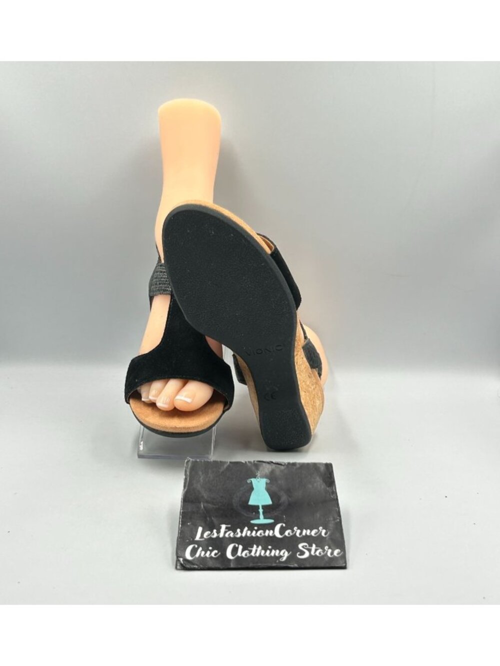 Vionic Women's Black Suede Kaytie T-Strap Cork Wedge Sandals Size 8 3522 - Picture 3 of 16